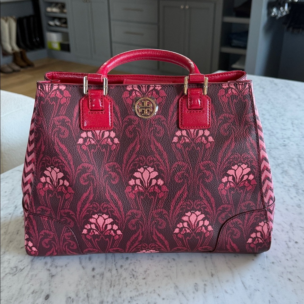 Tory Burch Red and Pink Floral Carmine Robinson Handbag